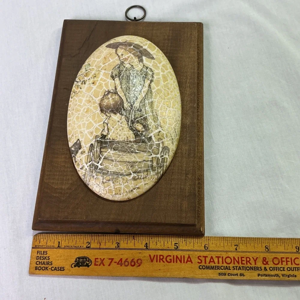 Vintage Crackle Finish‎ Ceramic Tile Wall Plaque Girl Umbrella Decoupage Wood
